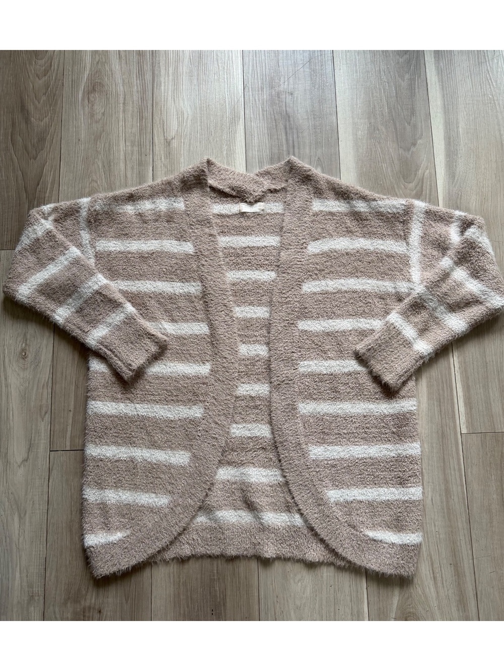 Altar’d State Fuzzy Striped Open Front Cardigan Taupe Cream Size Small